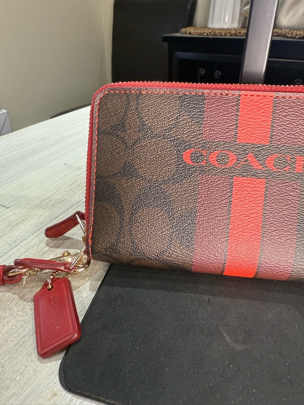 Coach Brown Double Zip Wallet with Red Signature Stripe Accent - Picture 2 of 14